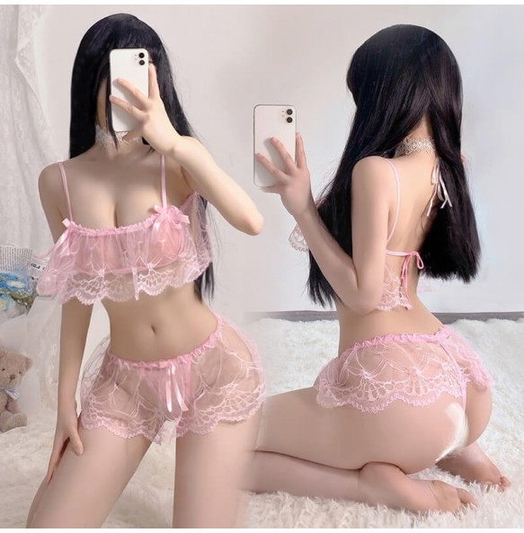 FEE ET MOI - Sheer Lace Bandeau Bikini Set (Pink)